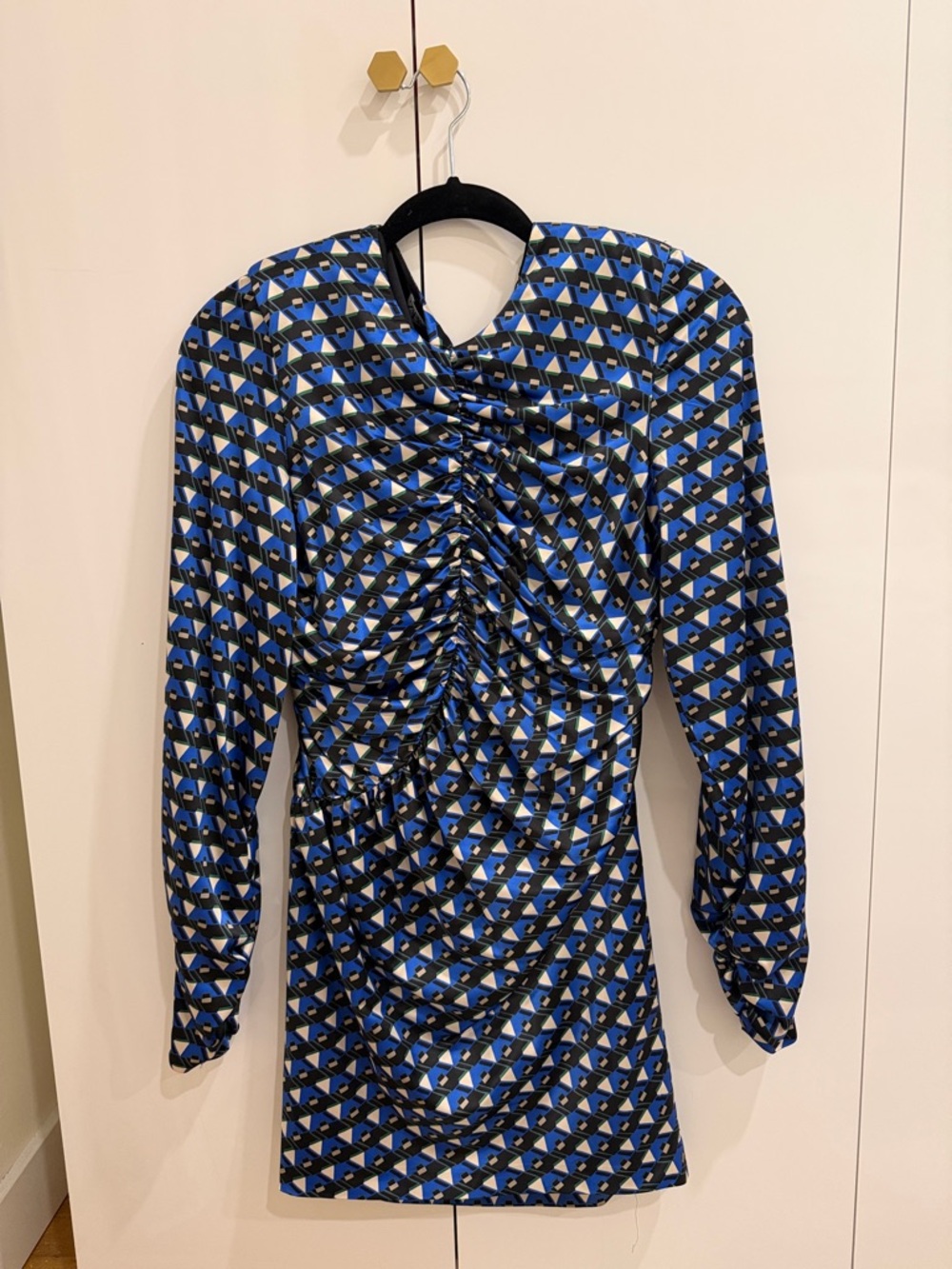 Blue Geometric Ruched Long-Sleeve Mini Dress